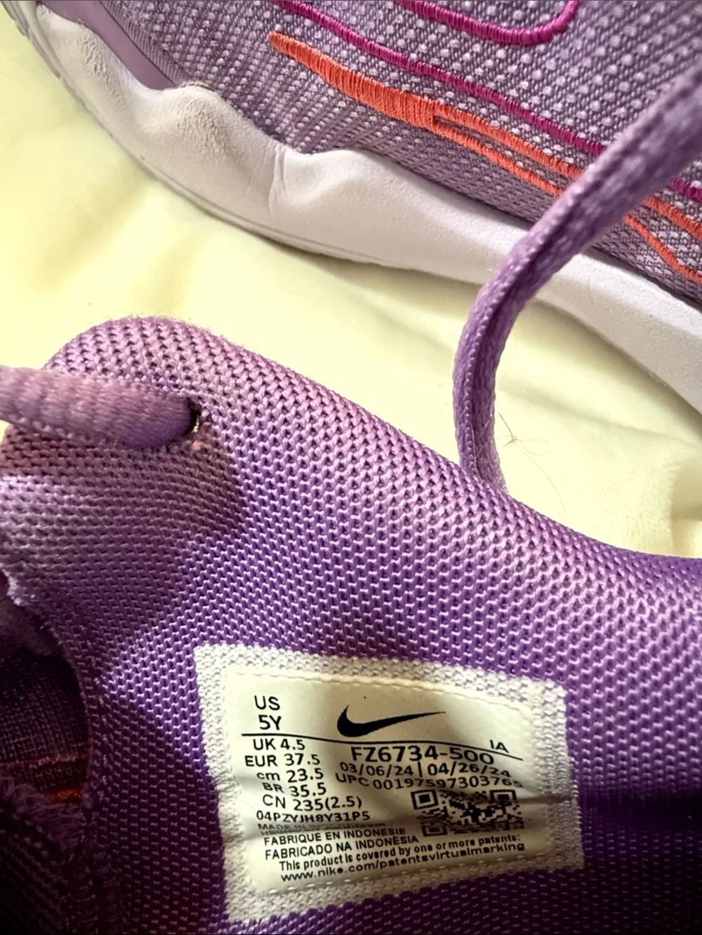 Nike Big Kids Purple Athletic Sneakers with Coral Swoosh
